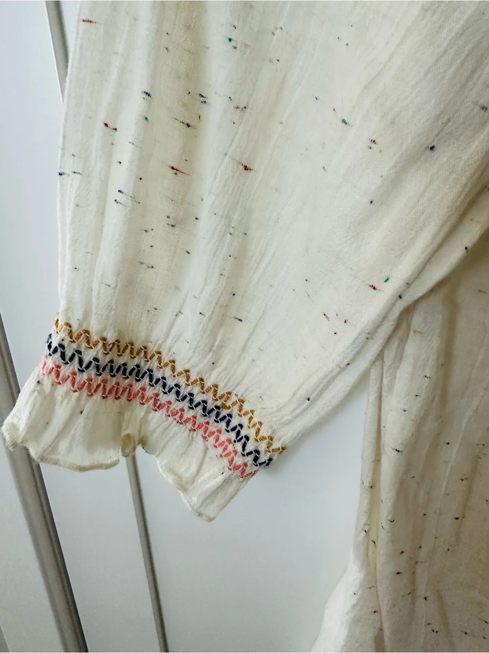 NWT Madewell White Speckled Peasant Blouse with Multicolor Embroidered Trim